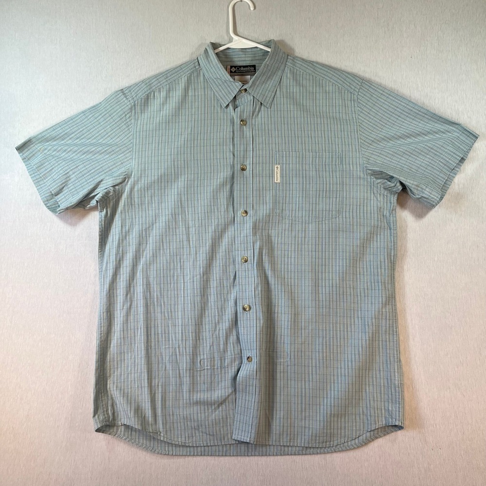 Columbia Shirt Mens L Short Sleeve Plaid Button Down Shirt Blue Yellow